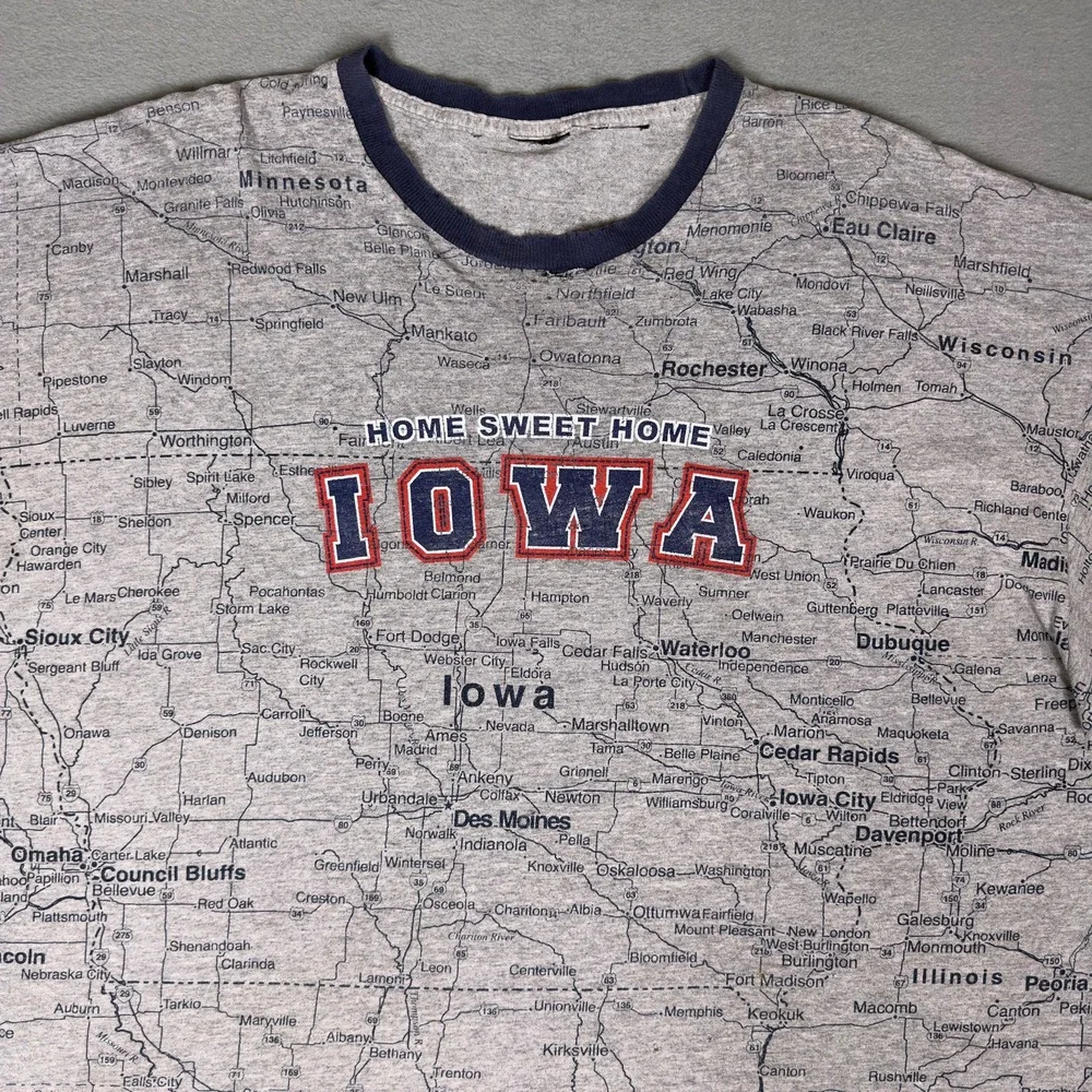 Vintage 90s Iowa Home Sweet Home All Over Print Map Ringer T-Shirt Gray XL 2XL